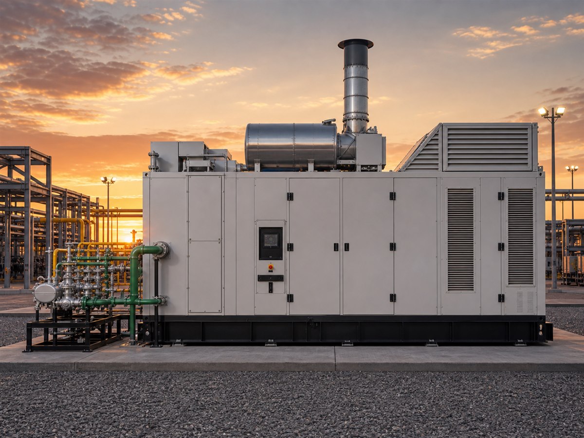 Straight side view of natural gas generator package at sundown